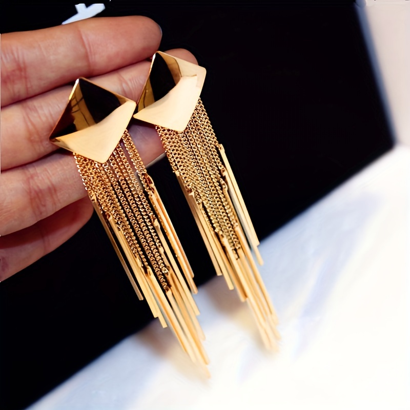 Geometric Square Tassel Earrings, Golden Tone, Stainless Steel Posts